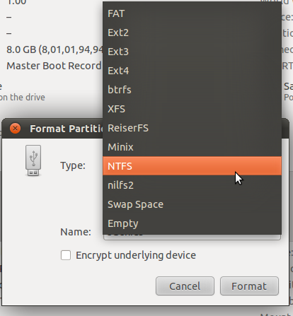 Format Disk in NTFS - Ubuntu
