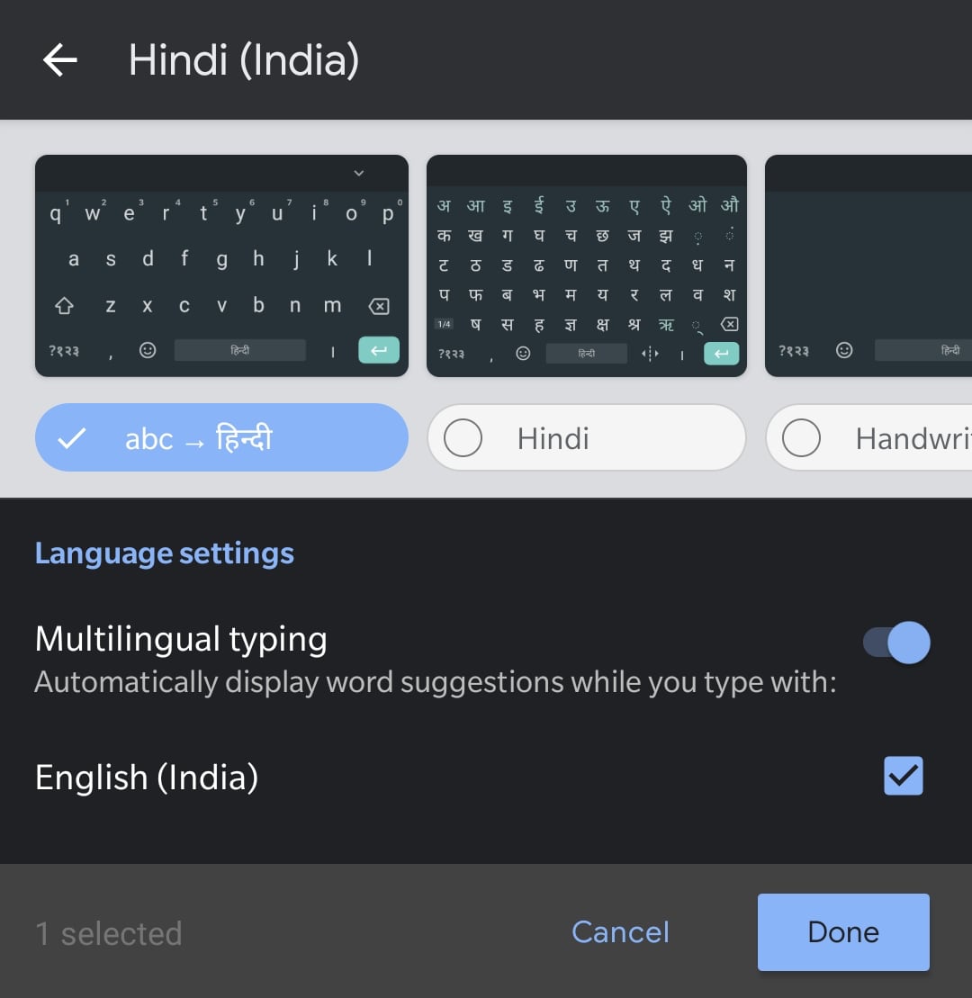 Keyboard options for Hindi