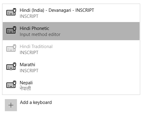 Available keyboards for Hindi in Windows 10