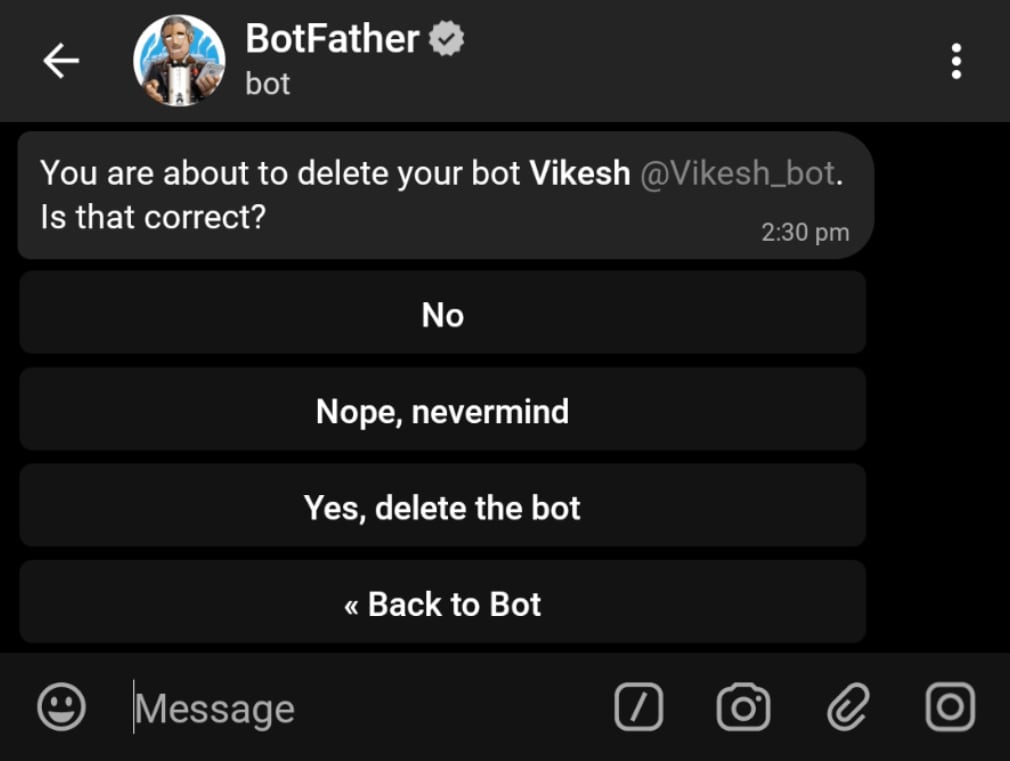 Deleting a bot - BotFather