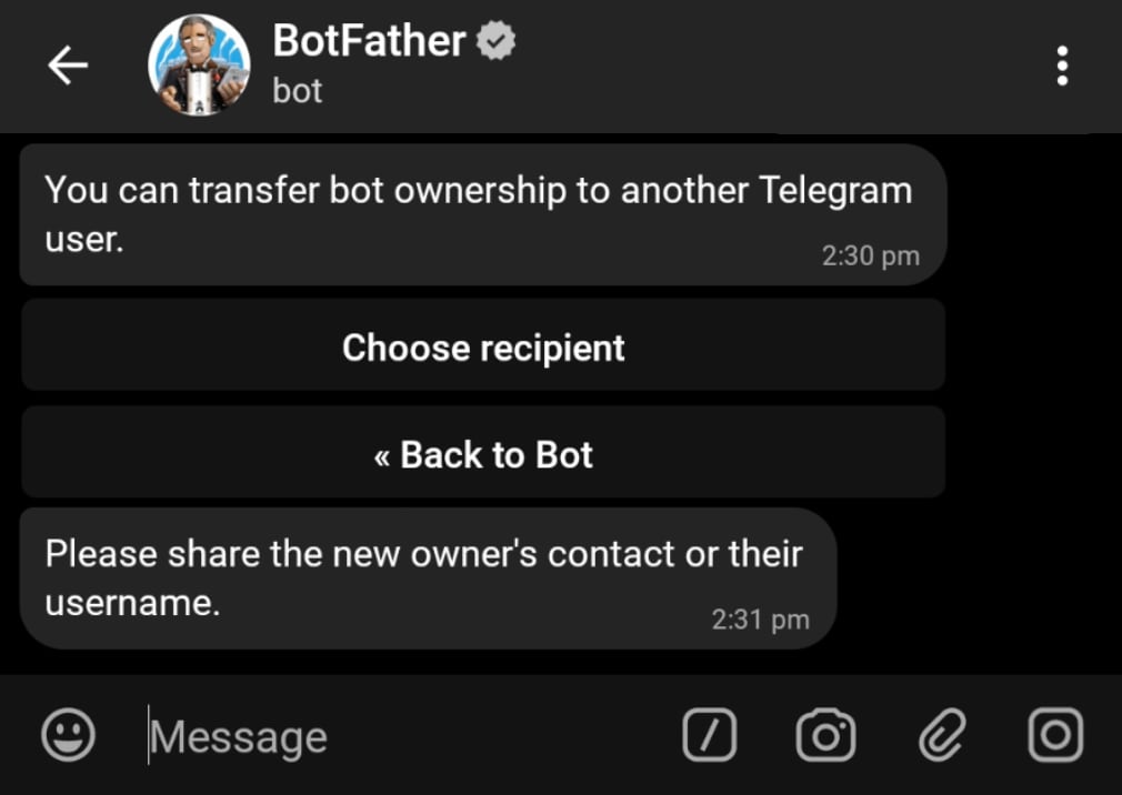 Transfer bot to another Telegram user